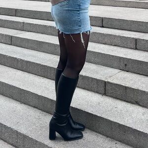 Black Knee High Square Toe Block Heel Boots